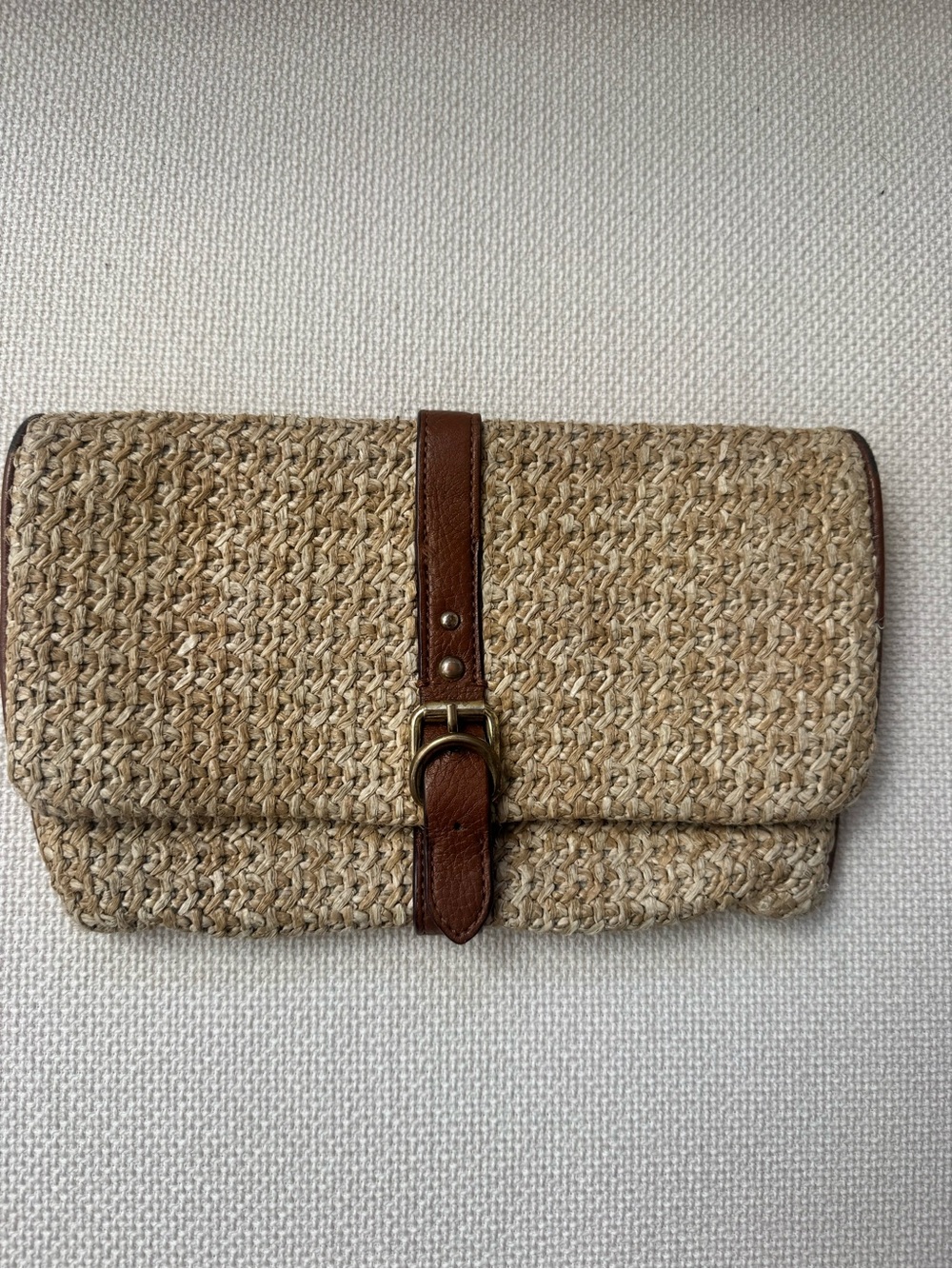 Gap Woven Straw Raffia Clutch Brown Buckle One Size